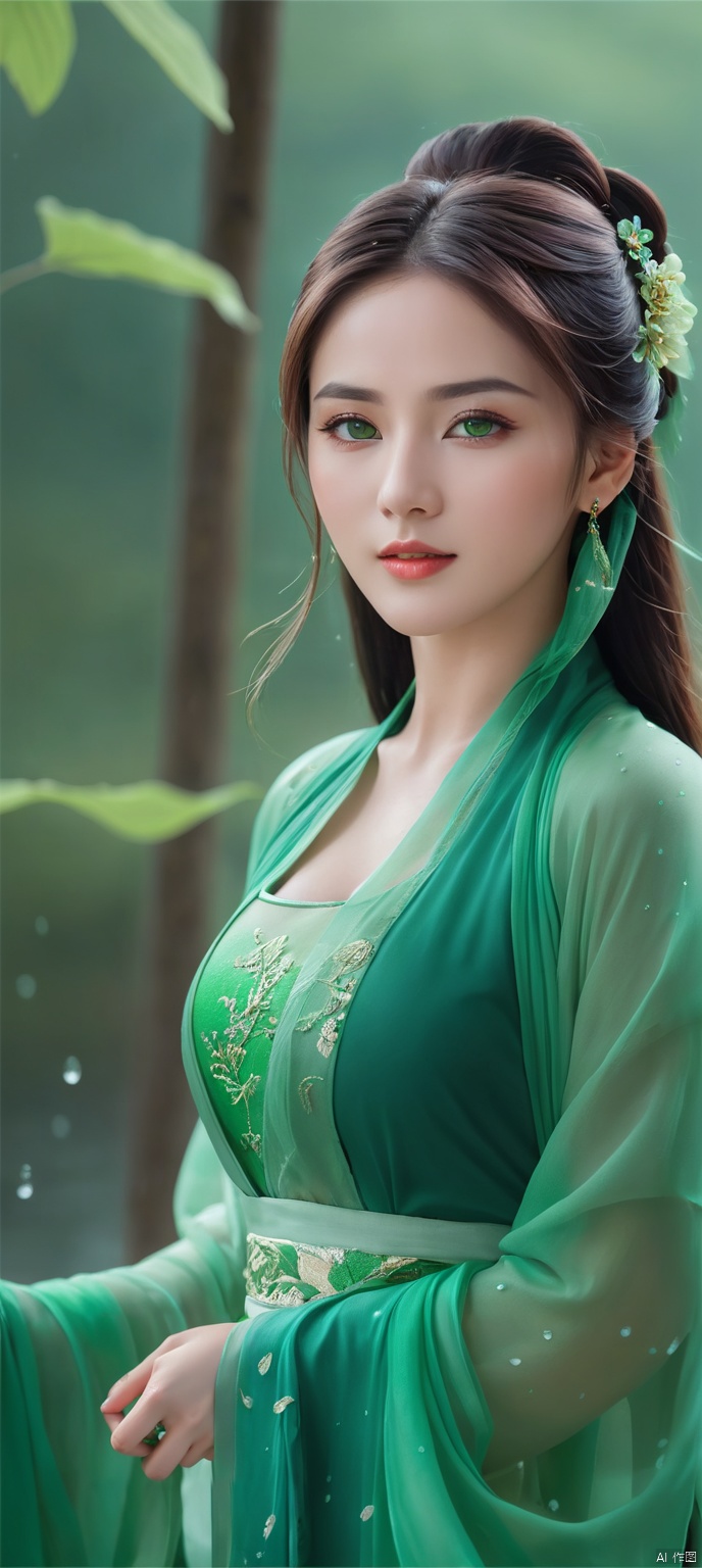  1girl,****_female,standing,green,green see through clothes,
((upper_body:0.9)),full breasts, (medium breasts:1.6),long hair,eyes,Colored pupil,earrings,jewelry,earrings,jewelry, face focus, (perfect face), shiny skin, 
green dress,(cloud pattern print hanfu),green hanfu,green see through clothes,
forest, night background,metal,water, wet, 
masterpiece, best quality,depth of field, cinematic composition, best lighting,light master,RAW photo, dslr, film grain, Fujifilm XT3, night shot, light master,Hosino, Face Score, MAJICMIX STYLE, daxiushan,daxiushan style,hanfu,