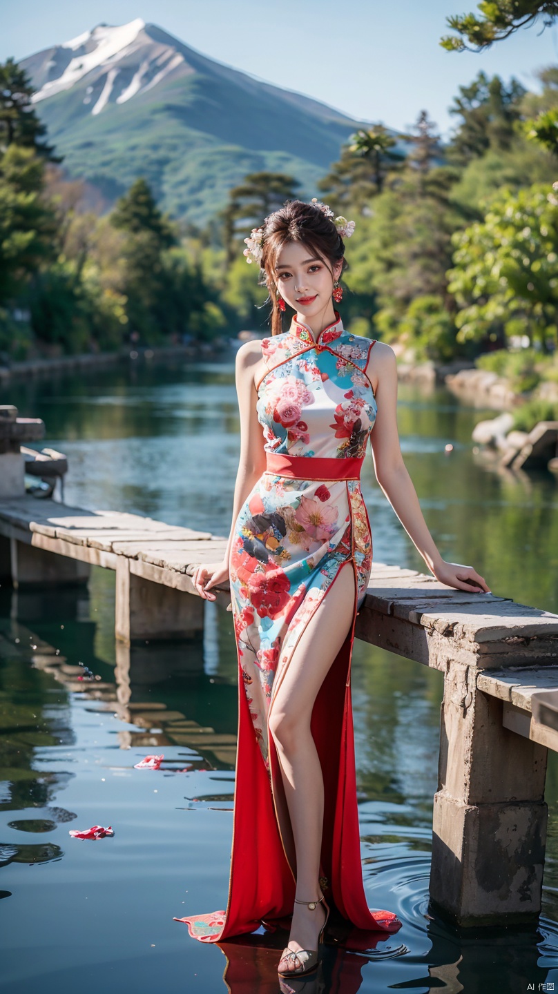  (Best quality, masterpiece, details), full body, 1 girl, beautiful face, wearing traditional Chinese clothing, side slit lace dress, plump figure, smile, red crowned crane, complex clothing, exquisite plant depiction, floral background, details, highly detailed, full of hidden details, real skin, red and turquoise, hydrangea,blue, (mountain), (River), an epic scene, liushishi