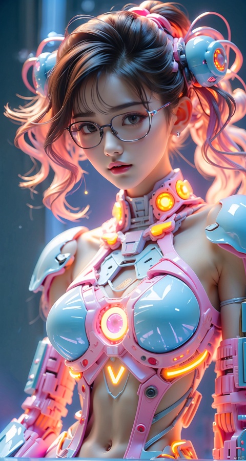 The TVGirl,mecha technology suit,standing,big chest,37-point lens,weird style,cyberpunk style,sexy girl in bare-shoulder dress,perfect figure,big breasts,glowing eyes,with long white hair,wearing black glasses frame,glowing pink special effects,gradient pink and blue Lights,light blue background,rich details,Expose the mechanical mask of the eyes,ultra high resolution,32K UHD,best quality,masterpiece,