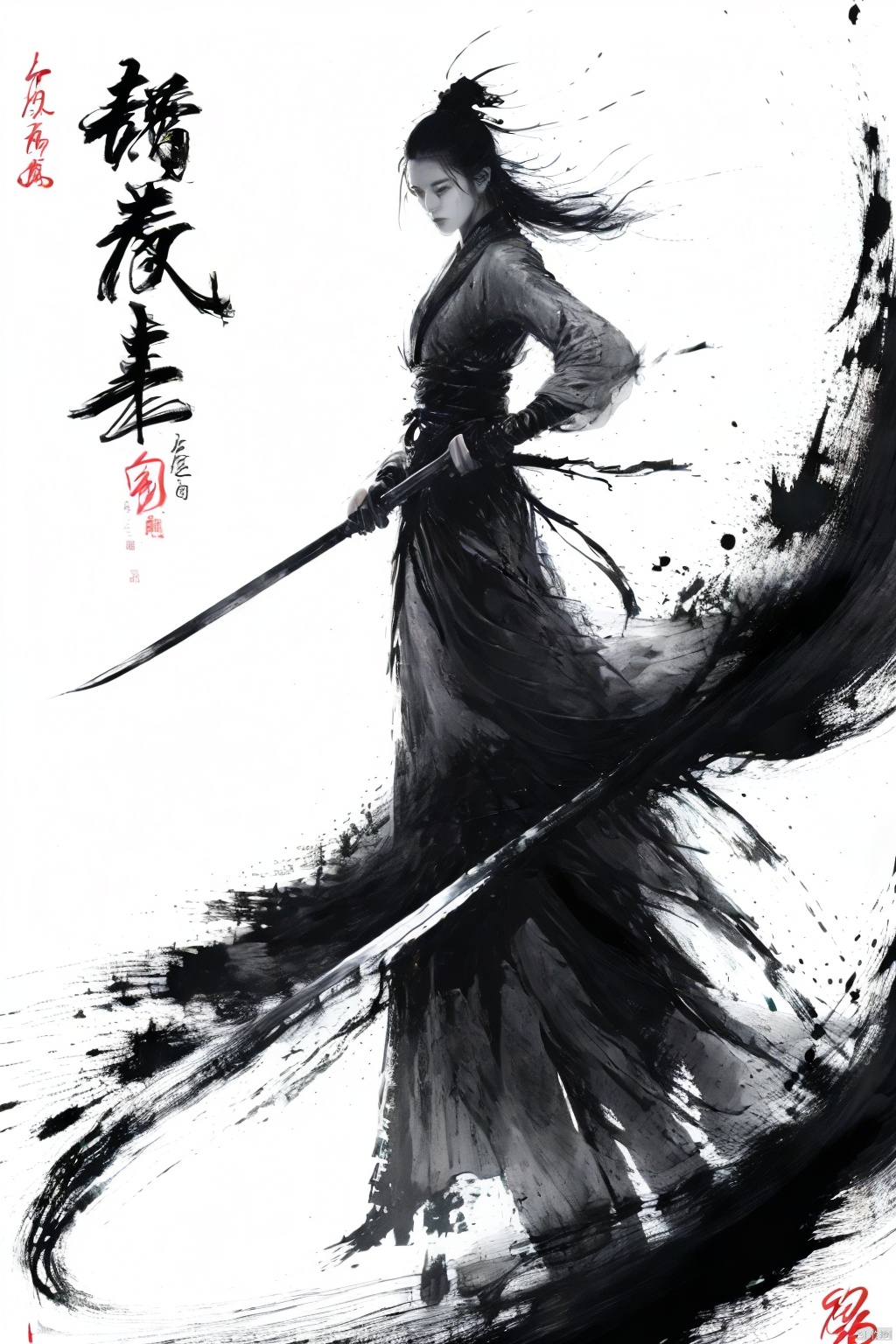  a girl,long hair,black hair,full body,smwuxia,Chinese text,blood splatter,weapon:sw,blood, smwuxia