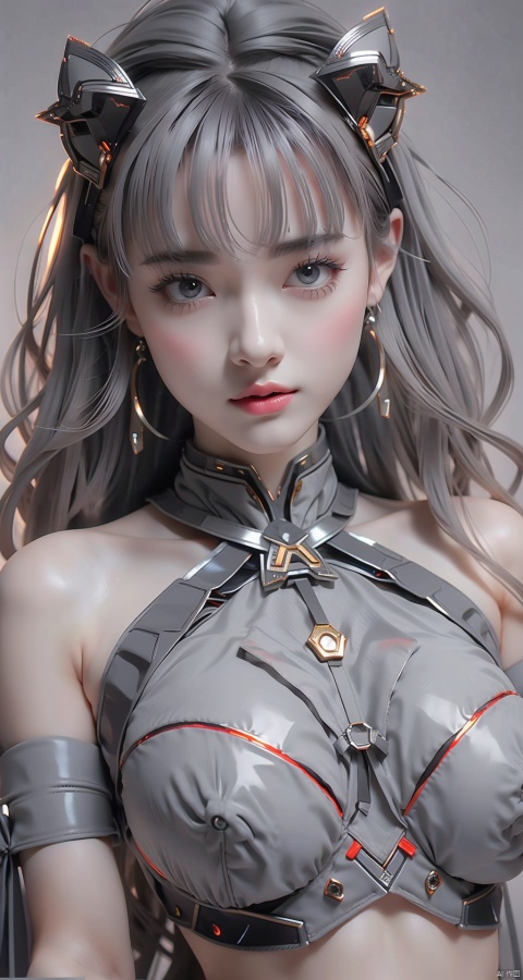 (8k,RAW photo, best quality, masterpiece:1.2),hatching (texture),skin gloss,light persona,artbook,(high detailed skin),glossy skin,contrapposto,female focus,model,(big _breasts, nipples,medium breasts,深 V:1.2),hair ornament,(nudebare breasts),  (hot:0.7),sexy,fine fabric emphasis,wall paper,fashion,Lipstick,official art,extremely detailed CG unity 8k wallpaper,high heels,star \(symbol\),fate/ stay night,standing,upper body,(full shot),(grey background:1.6),1girl,solo, very long hair,  (big _breasts, nipples,medium breasts,深 V:1.2),hair ornament,(nudebare breasts), bare shoulders,looking atviewer,