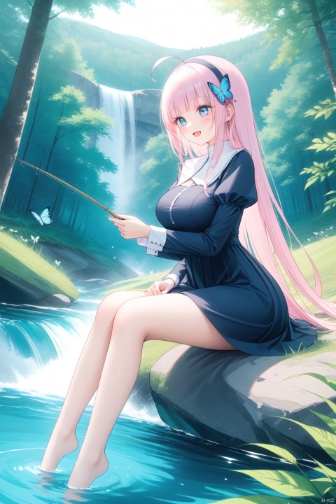  1girl, solo, blue eyes, long hair, pink hair, blunt bangs, ahoge, big breasts, looking down, blush, smile, open mouth, dark blue nun attire, juliet sleeves, tight skirt, without veil, bare feet, bare thighs, sitting, fishing, outdoors, day, nature, forest, water, waterfall, rock, from side, depth of field, dutch angle, fairy, butterfly, bestquality