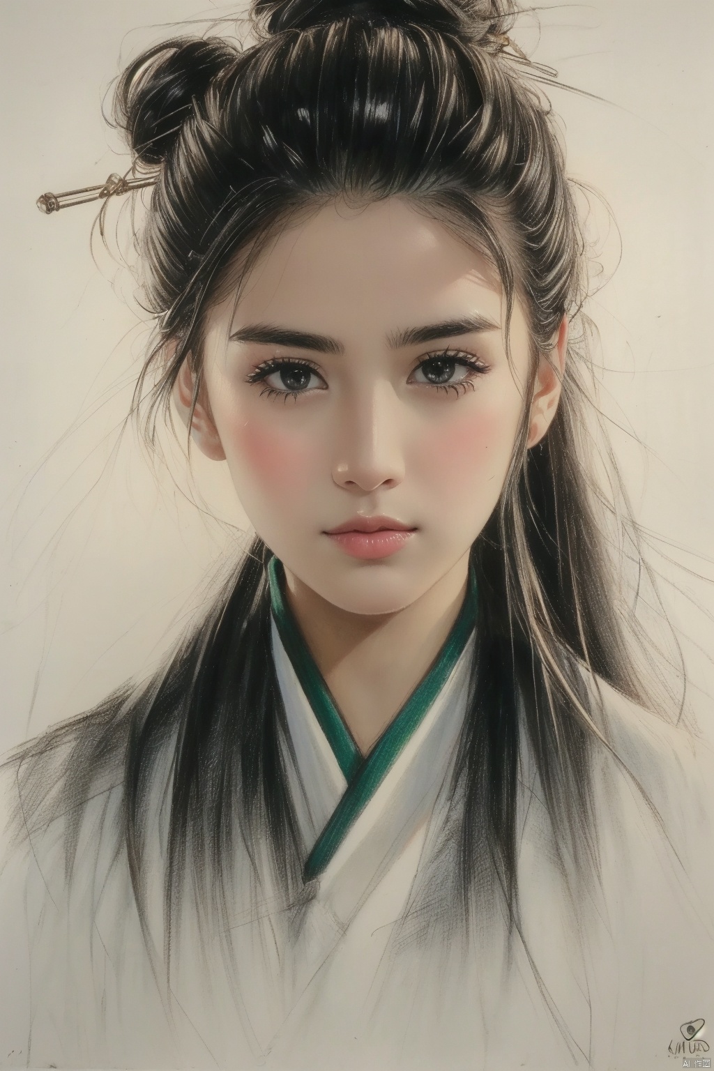  ((HRD, HUD, 8K)),((masterpiece, best quality)), highly detailed, soft light,
ColoredLead, 1girl, solo, hair stick, black hair, hair ornament, traditional media, looking at viewer, portrait, long hair, black eyes, closed mouth, realistic, signature, lips, hair bun, single hair bun, simple background, nose,