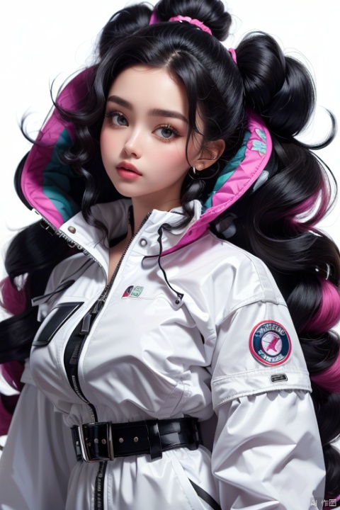  masterpiece, best quality, 1girl, face, ((close-up, Close portrait:1)), make up, studio light, studio, white background, black hair, Long curly hair, face front, ((windbreaker with puff sleeves bigger pockets and long belt, gathering at the waist, colorful, asymmetric structure, Deconstruction, oversized silhouettes)) cotton fabric, emotional