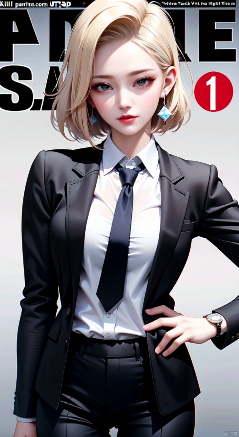  magazine, (cover-style:1.1), fashionable, vibrant, outfit, posing, front, colorful, solo, looking at viewer, shirt,((1girl)),,white shirt,necktie, collared shirt, pants, black pants, formal, suit, black necktie, watch, black suit,Visual impact,A shot with tension,(upper body:1.0),cold attitude, Ear stud,tattoo,
, android 18