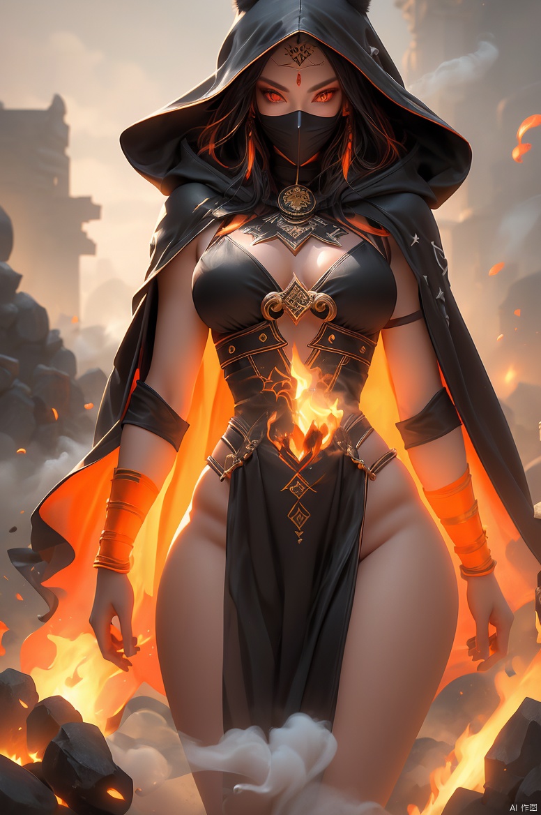 Dark mayan fantasy, shadow assassine, ((black hybrid orange armor, dark smoke emanating from within)), ((mature female, (wide hips), )),(burning eyes:1), hooded cloak of leather material), gold accents, dark underworld/temple background, smooth lighting, soft lighting, masterpiece, 32k UHD resolution, best quality, highres, realistic photo, professional photography, cinematic angle, reflection lights, closed up, ray tracing