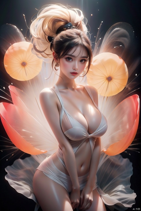  (((Long eyelashes))),(((red lips))),(((beautiful boobs))),(((Labia rubra))),smiling expression,beautiful detailed glow,Luminous particle,((illustration)), ((floating hair)), ((chromatic aberration)), ((caustic)), lens flare, dynamic angle,    (1 girl), cute face, ((hidden hands)), asymmetrical bangs, (beautiful detailed eyes), eye shadow, ((colorful refraction)), (beautiful detailed sky), ((dark intense shadows)), ((cinematic lighting)), (((Beautiful bare legs))),((overexposure)), ((sharp focus)), ((masterpiece)), (((best quality))), ((extremely detailed)), colorful, hdr