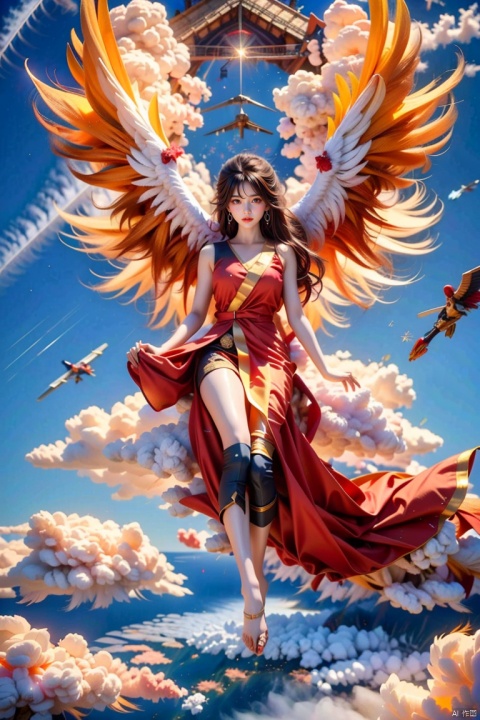  1girl, 
(red fire,magic),(glowing eyes:1.3), 
chest,electricity, lightning,
white magic, aura,,
Front view,air,cloud,
backlight,looking at viewer,,white hair
very long hair,hair flowe
 meidusha,
full_body,(bare feet,:1.2)(flying in the sky:1.6),(Stepping on the clouds:1.2),(Red Angel Wings:1.2), wings, tiandunv, Indian Beauty