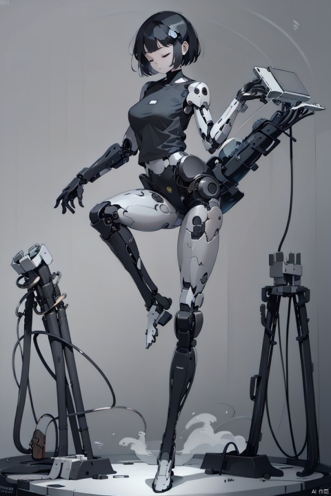  1girl, solo, breasts, short hair, shirt, black hair, closed mouth, standing, full body, closed eyes, grey background, standing on one leg, grey shirt, science fiction, android, joints, mechanical arms, cyborg, prosthesis, robot joints, mechanical parts, mechanical legs