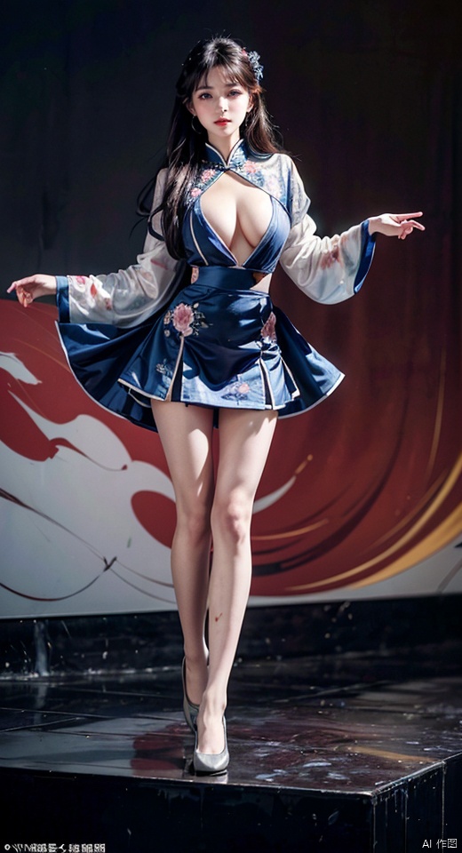  masterpiece, best quality, 1girl ((newspaper background)), Long eyelashes and blue eyes,black hair, Full body pose,floating hair, blush, looking at viewers, happy, ((side)),(studio light), soft light,photo pose,dark style, night style,((Miniskirts:1.2)), (Big Boobs:1.2), ((Deep V's)), (masterpiece, top quality, best quality, official art, beautiful and aesthetic:1.2), (1girl:1.4), extreme detailed, (joshua middleton comic cover art:1.1), (Action painting:1.2), (concretism:1.2), theater dance scene, (hypermaximalistic:1.5), colorful, highest detailed, huliya, chinese art,full body,dance