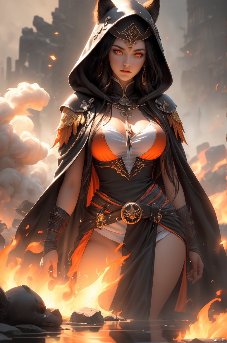 Dark mayan fantasy, shadow assassine, ((black hybrid orange armor, dark smoke emanating from within)), ((mature female, (wide hips), )),(burning eyes:1), hooded cloak of leather material), gold accents, dark underworld/temple background, smooth lighting, soft lighting, masterpiece, 32k UHD resolution, best quality, highres, realistic photo, professional photography, cinematic angle, reflection lights, closed up, ray tracing