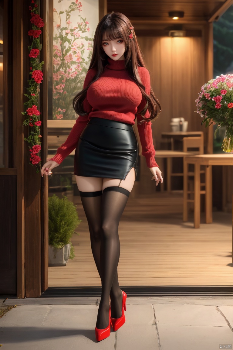  masterpiece,best quality,extremelydetailed,1girls,fair_skin,long hair,big breasts,sweater,pencil skirt,long legs,(thighhighs),(red_high_heels),full body,out door,flowers,looking_at_viewer,