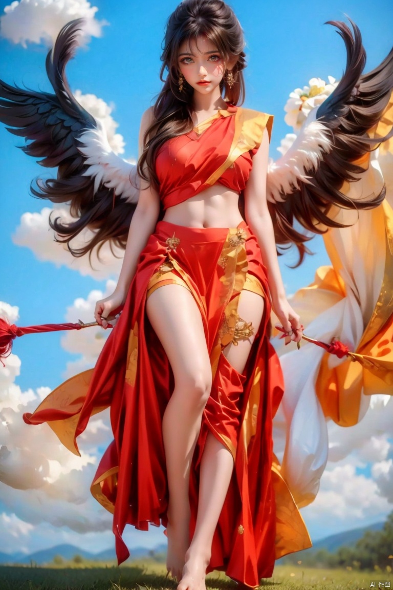  1girl, 
(red fire,magic),(glowing eyes:1.3), 
chest,electricity, lightning,
white magic, aura,,
Front view,air,cloud,
backlight,looking at viewer,,white hair
very long hair,hair flowe
 meidusha,
full_body,(bare feet,:1.2)(flying in the sky:1.6),(Stepping on the clouds:1.2),(Red Angel Wings:1.2), wings, tiandunv, Indian Beauty