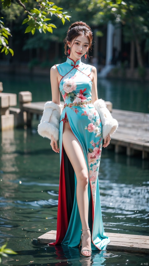  (Best quality, masterpiece, details), full body, 1 girl, beautiful face, wearing traditional Chinese clothing, side slit lace dress, plump figure, smile, red crowned crane, complex clothing, exquisite plant depiction, floral background, details, highly detailed, full of hidden details, real skin, red and turquoise, hydrangea,blue, (mountain), (River), an epic scene, liushishi