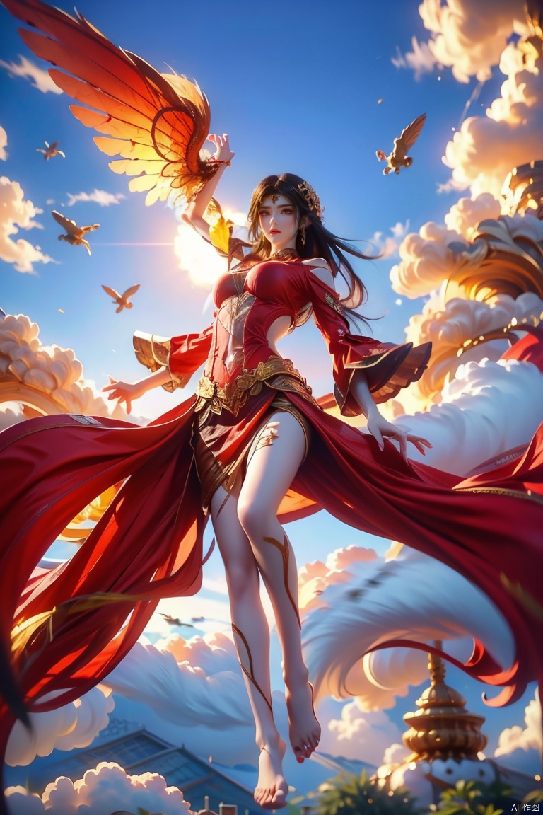  1girl, aura,,
Front view,air,cloud,
backlight,looking at viewer,
very long hair,hair flowe
full_body,(bare feet,:1.2)(flying in the sky:1.6),(Stepping on the clouds:1.2),Indian Beauty