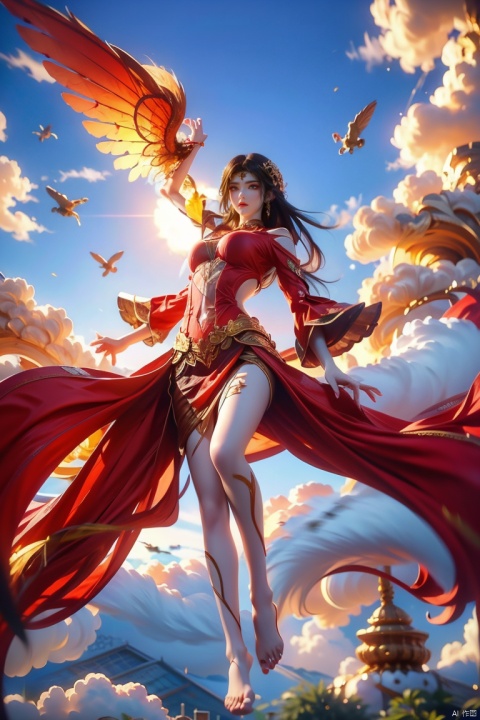  1girl, aura,,
Front view,air,cloud,
backlight,looking at viewer,
very long hair,hair flowe
full_body,(bare feet,:1.2)(flying in the sky:1.6),(Stepping on the clouds:1.2),Indian Beauty