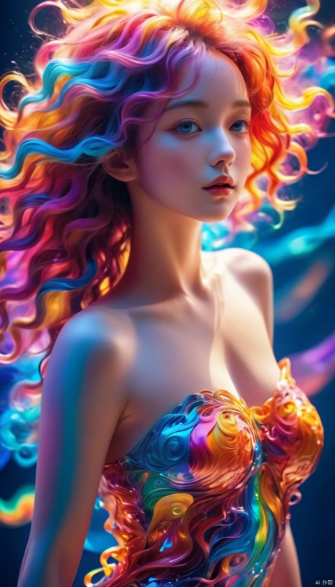 Dynamic posture,nude body, nude,Colorful and elegant curly hair, (wide shot, wide angle, from below, full body shot), HDR, Vibrant colors, surreal photography, highly detailed, masterpiece, ultra high res, high contrast, mysterious,cinematic, fantasy, bright natural light, sexy and lively girl,