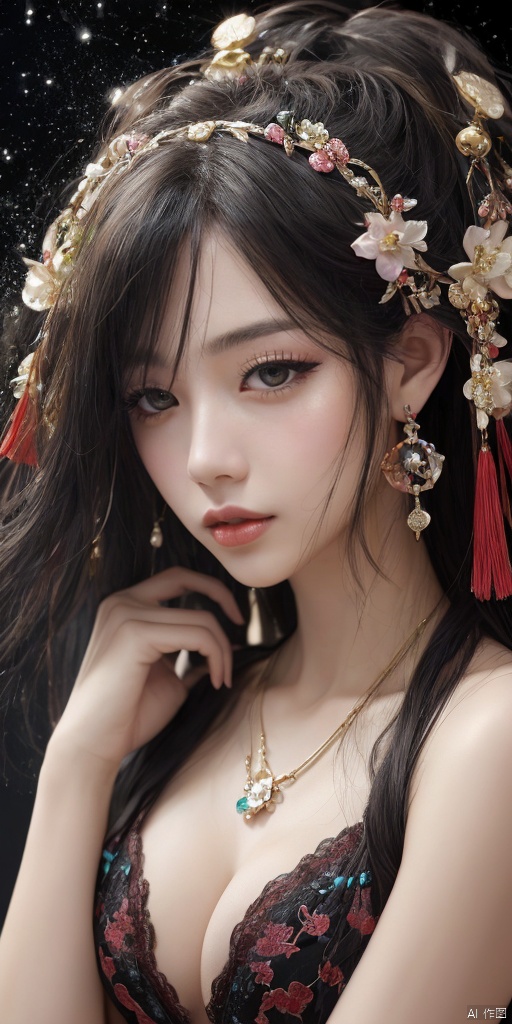  1girl,Han Chinese girls,Hanfu,chinese clothes,white themes,large breasts,jewelry, earrings,lips, makeup, portrait, eyeshadow, realistic, nose,{{best quality}}, {{masterpiece}}, {{ultra-detailed}}, {illustration}, {detailed light}, {an extremely delicate and beautiful}, a girl, {beautiful detailed eyes}, stars in the eyes, messy floating hair, colored inner hair, Starry sky adorns hair, depth of field, large breasts,cleavage,blurry, no humans, traditional media, gem, crystal, still life, Dance,movements, All the Colours of the Rainbow,zj,
simple background, shiny, blurry, no humans, depth of field, black background, gem, crystal, realistic, red gemstone, still life,
