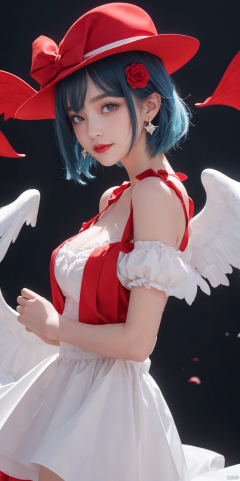  1girl, solo, short hair, simple background, black hair, jewelry, earrings, black eyes, lips, portrait, realistic,feathered wings, angel wings, white wings,Best quality, 8k, cg,A girl formed by light,solo,glowing,black_background,light,A dress formed by light,starry_background,zj

1girl, solo, breasts, looking at viewer, smile, short hair, bangs, red eyes, hat, dress, bow, ribbon, holding, hair between eyes, bare shoulders, jewelry, closed mouth, blue hair, standing, flower, short sleeves, cowboy shot, earrings, outdoors, frills, detached sleeves, wings, sky, puffy sleeves, cloud, white dress, red bow, red ribbon, puffy short sleeves, wrist cuffs, ascot, night, rose, white headwear, moon, mob cap, hat ribbon, bat wings, brooch, red flower, night sky, full moon, red rose, bat \(animal\), red ascot, scarlet devil mansion, remilia scarlet