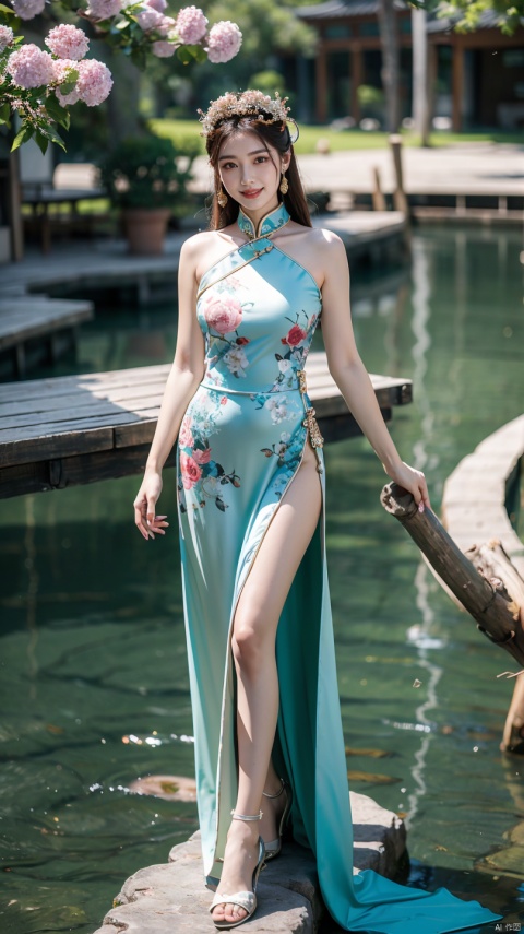  (Best quality, masterpiece, details), full body, 1 girl, beautiful face, wearing traditional Chinese clothing, side slit lace dress, plump figure, smile, red crowned crane, complex clothing, exquisite plant depiction, floral background, details, highly detailed, full of hidden details, real skin, red and turquoise, hydrangea,blue, (mountain), (River), an epic scene, liushishi
