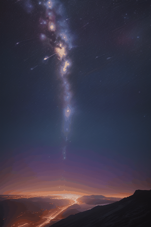  ((masterpiece)), ((best quality)), 8k, high detailed, ultra-detailed,(1meteor),(shooting star),(light trail),(night sky),(timelapse),(panorama),(starry),(celestial),(astronomical),(cosmic).
