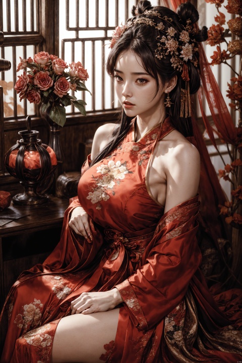  Best quality,realistic,photorealistic,masterpiece,extremely detailed CG unity 8k wallpaper,best illumination,best shadow,huge filesize,incredibly absurdres,absurdres,looking at viewer,
transparent,smog,gauze,vase,petals,traditional chinese room,detailed background,wide shot background,
1gilr,Hairpins,hair ornament,slim,narrow waist,(huge and plump breasts:1),(Full chest),perfect eyes,beautiful perfect face,perfect female figure,detailed skin,delicate pattern,detailed complex and rich exquisite clothing detail,delicate intricate fabrics,charming,alluring,seductive,erotic,enchanting,
hanfu,song style outfits,daxiushan,daxiushan style, daxiushan,hanfu, Realistic, GUOFENG, chang