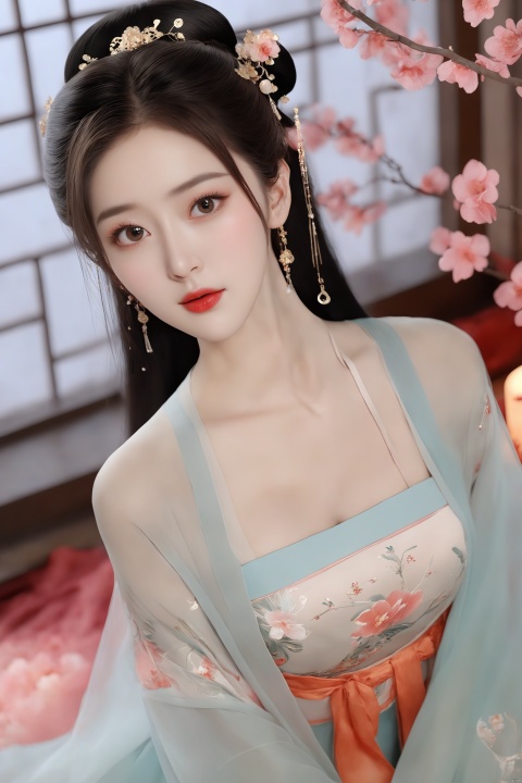  Best quality,realistic,photorealistic,masterpiece,extremely detailed CG unity 8k wallpaper,best illumination,best shadow,huge filesize,incredibly absurdres,absurdres,looking at viewer,
transparent,smog,gauze,vase,petals,traditional chinese room,detailed background,wide shot background,
1gilr,Hairpins,hair ornament,slim,narrow waist,(huge and plump breasts:1.8),(Full chest),perfect eyes,beautiful perfect face,perfect female figure,detailed skin,delicate pattern,detailed complex and rich exquisite clothing detail,delicate intricate fabrics,charming,alluring,seductive,erotic,enchanting,
hanfu,song style outfits,daxiushan,daxiushan style, daxiushan,hanfu, Realistic