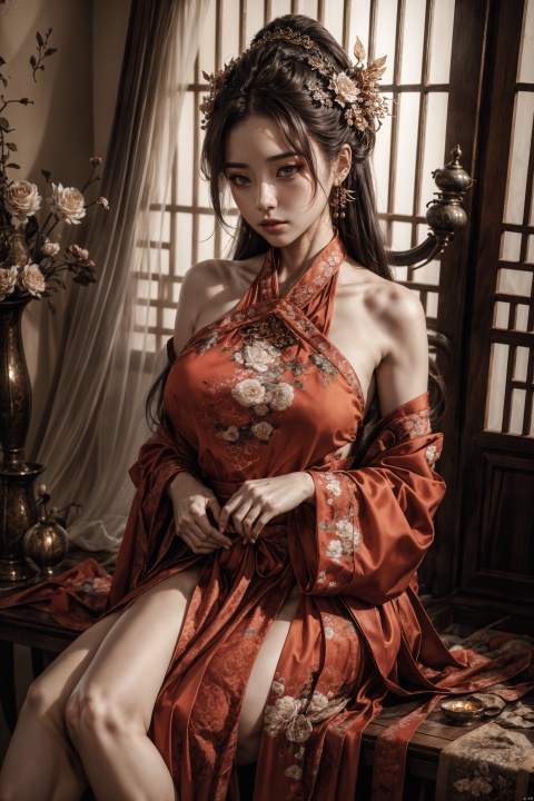  Best quality,realistic,photorealistic,masterpiece,extremely detailed CG unity 8k wallpaper,best illumination,best shadow,huge filesize,incredibly absurdres,absurdres,looking at viewer,
transparent,smog,gauze,vase,petals,traditional chinese room,detailed background,wide shot background,
1gilr,Hairpins,hair ornament,slim,narrow waist,(huge and plump breasts:1),(Full chest),perfect eyes,beautiful perfect face,perfect female figure,detailed skin,delicate pattern,detailed complex and rich exquisite clothing detail,delicate intricate fabrics,charming,alluring,seductive,erotic,enchanting,
hanfu,song style outfits,daxiushan,daxiushan style, daxiushan,hanfu, Realistic, GUOFENG, chang