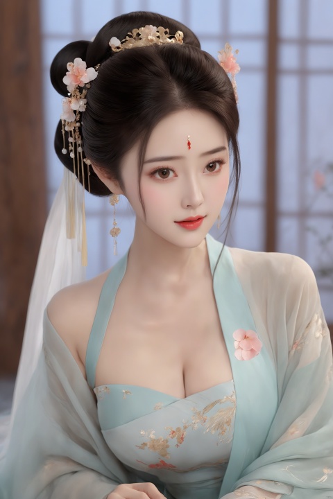 Best quality,realistic,photorealistic,masterpiece,extremely detailed CG unity 8k wallpaper,best illumination,best shadow,huge filesize,incredibly absurdres,absurdres,looking at viewer,
transparent,smog,gauze,vase,petals,traditional chinese room,detailed background,wide shot background,
1gilr,Hairpins,hair ornament,slim,narrow waist,(huge and plump breasts:1.8),(Full chest),perfect eyes,beautiful perfect face,perfect female figure,detailed skin,delicate pattern,detailed complex and rich exquisite clothing detail,delicate intricate fabrics,charming,alluring,seductive,erotic,enchanting,
hanfu,song style outfits,daxiushan,daxiushan style, daxiushan,hanfu, Realistic