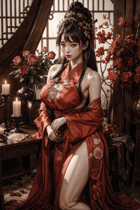  Best quality,realistic,photorealistic,masterpiece,extremely detailed CG unity 8k wallpaper,best illumination,best shadow,huge filesize,incredibly absurdres,absurdres,looking at viewer,
transparent,smog,gauze,vase,petals,traditional chinese room,detailed background,wide shot background,
1gilr,Hairpins,hair ornament,slim,narrow waist,(huge and plump breasts:1),(Full chest),perfect eyes,beautiful perfect face,perfect female figure,detailed skin,delicate pattern,detailed complex and rich exquisite clothing detail,delicate intricate fabrics,charming,alluring,seductive,erotic,enchanting,
hanfu,song style outfits,daxiushan,daxiushan style, daxiushan,hanfu, Realistic, GUOFENG, chang