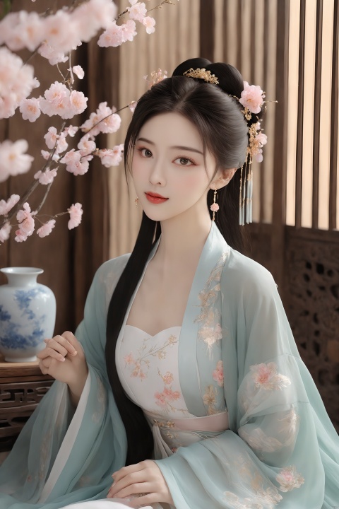  Best quality,realistic,photorealistic,masterpiece,extremely detailed CG unity 8k wallpaper,best illumination,best shadow,huge filesize,incredibly absurdres,absurdres,looking at viewer,
transparent,smog,gauze,vase,petals,traditional chinese room,detailed background,wide shot background,
1gilr,Hairpins,hair ornament,slim,narrow waist,(huge and plump breasts:1.8),(Full chest),perfect eyes,beautiful perfect face,perfect female figure,detailed skin,delicate pattern,detailed complex and rich exquisite clothing detail,delicate intricate fabrics,charming,alluring,seductive,erotic,enchanting,
hanfu,song style outfits,daxiushan,daxiushan style, daxiushan,hanfu, Realistic