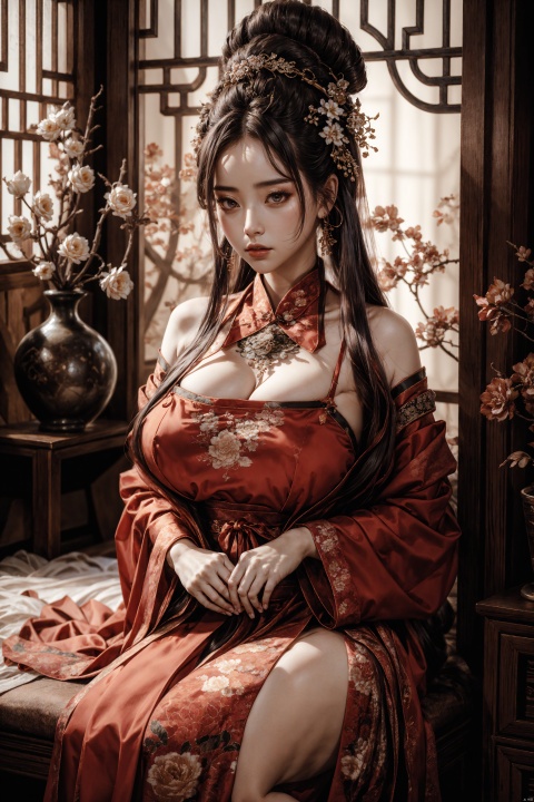  Best quality,realistic,photorealistic,masterpiece,extremely detailed CG unity 8k wallpaper,best illumination,best shadow,huge filesize,incredibly absurdres,absurdres,looking at viewer,
transparent,smog,gauze,vase,petals,traditional chinese room,detailed background,wide shot background,
1gilr,Hairpins,hair ornament,slim,narrow waist,(huge and plump breasts:1),(Full chest),perfect eyes,beautiful perfect face,perfect female figure,detailed skin,delicate pattern,detailed complex and rich exquisite clothing detail,delicate intricate fabrics,charming,alluring,seductive,erotic,enchanting,
hanfu,song style outfits,daxiushan,daxiushan style, daxiushan,hanfu, Realistic, GUOFENG, chang