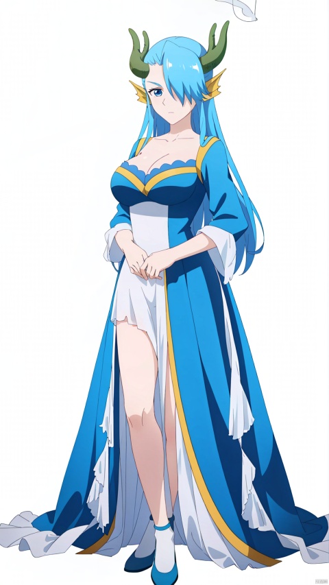 aoguang, 1girl, solo, blue eyes, blue hair, breasts, cleavage, large breasts, long hair, hair over one eye, horns, (chiffon dress:1.5),

(blank background:1.8), (full-body shot, full body:1.3), , aoguang