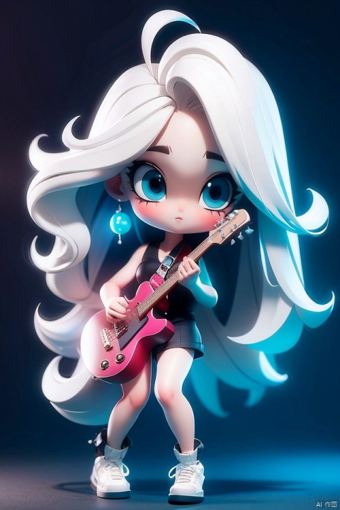 A girl, white hair, long hair, earrings, blue eyes, electric guitar,high contrast, extremely detailed, hyper realistic, pure perfection, divine presence, unforgettable, impressive, auras, fullbody:1.1, fullbody shot
