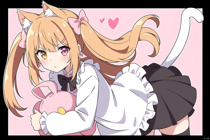 1girl, solo, long hair, looking at viewer, blush, brown hair, hair ornament, red eyes, thighhighs, long sleeves, dress, bow, animal ears, brown eyes, jewelry, tail, yellow eyes, heart, cowboy shot, earrings, frills, black thighhighs, cat ears, pink eyes, nail polish, white dress, two side up, zettai ryouiki, cat tail, animal ear fluff, sleeves past wrists, black bow, heterochromia, stuffed toy, pink background, frilled dress, stuffed animal, cat girl, pink nails, heart hair ornament, stuffed bunny, holding stuffed toy