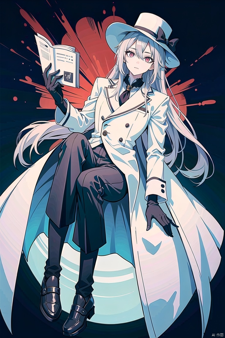 (Best quality), long hair, white suit, black pants, long leather shoes, gray hair and gray pupils, black pants, black gloves, paired with a cylindrical top hat