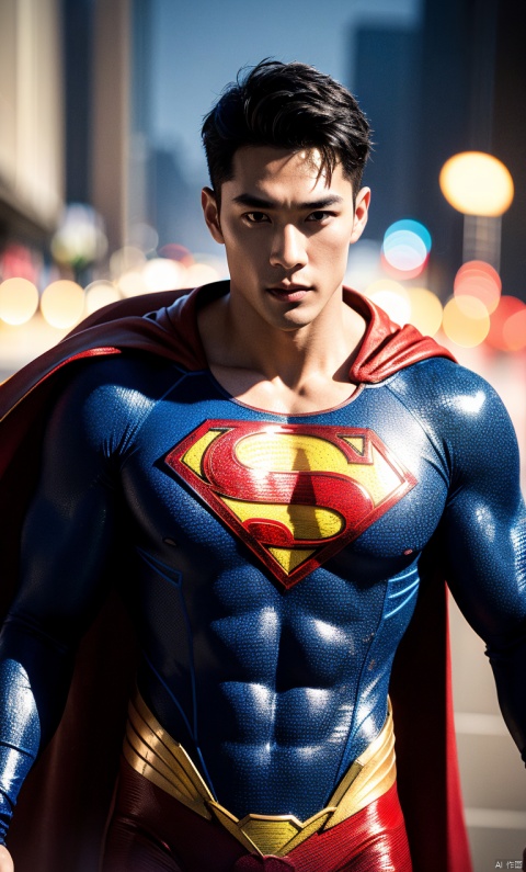 1man,superman,(masterpiece, realistic, Realism, best quality, highly detailed, 8K Ultra HD, sharp focus, profession),asian,exquisite facialfeatures,deepeyes,handsome,malefocus,muscular,cape,softlighting,blurry,outdoors,cyberpunk,Dynamicangle,1man, SaSangAAA