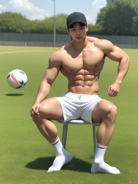  (masterpiece, bright colors, handsome, Asian, open eyes:1.2),1boy, male focus, solo, shorts, abs, ball, socks, sitting, hat, topless male, photo background, navel, white shorts, muscular
