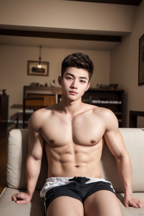  realistic,master piece,high resolution, handsome ,1boy,20y.o,topless,sitting ,in living room,a smaller head,ttboy
