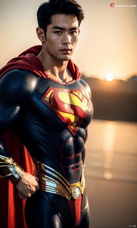  1man,superman,(masterpiece, realistic, Realism, best quality, highly detailed, 8K Ultra HD, sharp focus, profession),asian,exquisite facial features,deepeyes,handsome,malefocus,muscular,cape,softlighting,blurry,outdoors,cyberpunk,Dynamicangle,1man,男, SaSangAAA