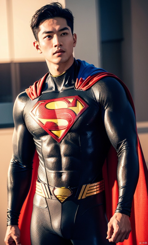 1man,superman,(masterpiece, realistic, Realism, best quality, highly detailed, 8K Ultra HD, sharp focus, profession),asian,exquisite facialfeatures,deepeyes,handsome,malefocus,muscular,cape,softlighting,blurry,outdoors,cyberpunk,Dynamicangle,1man,male, SaSangAAA