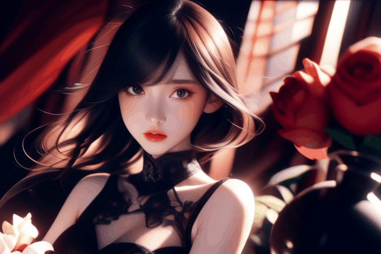 1girl,8k wallpaper,extremely detailed figure, amazing beauty, detailed characters, indoor,black dress, holding flowers, light and shadow, depth of field, light spot, reflection,upper body,nigth,street