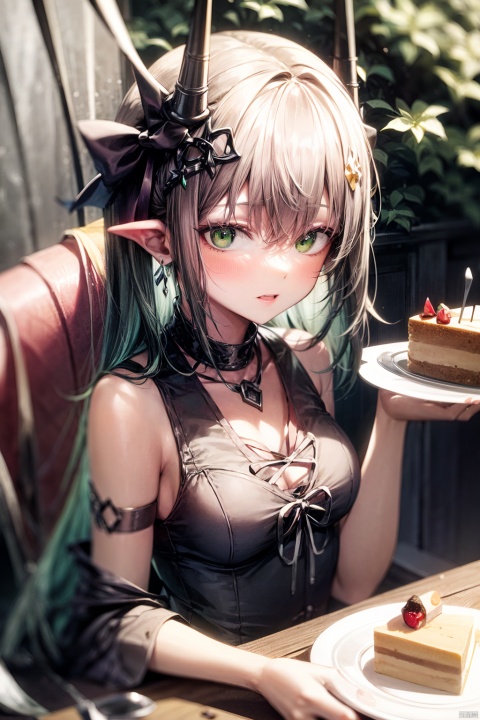solo, 1girl, highres, green eyes, green hair, small breasts, upper body, looking at viewer, jewelry, crown, earring, school uniform, outdoor cafe, cake slice, plate, fork, holding fork