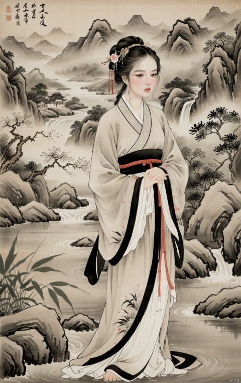 ((masterpiece)),((best quality)),8k,high detailed,ultra-detailed,
In the style of traditional Chinese ink wash painting,
A beautiful woman in ancient attire stands gracefully,
Surrounded by a breathtaking landscape of mountains and rivers,
Her delicate features highlighted by the subtle brush strokes,
Mountains looming tall in the background, shrouded in mist,
A tranquil river winding its way through the scene,
Trees and foliage rendered with elegant simplicity,
The beauty of nature and femininity harmoniously depicted,
A timeless representation of classical Chinese art,
Elegance and serenity captured in monochrome,