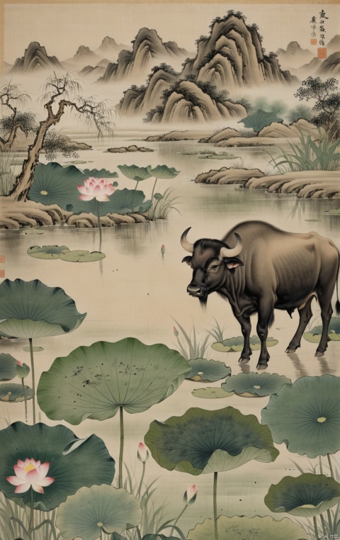 ((masterpiece)),((best quality)),8k,high detailed,ultra-detailed,
Presented in the style of Chinese ink painting, An ancient cowherd baby, dressed in simple clothes, Walking by the lotus pond with a buffalo, The lotus leaves hang low, the breeze blows, the lotus flowers are dotted, The green mountains are vista, the clouds and mist are shrouded, quiet and peaceful, The buffalo leisurely gnaws on the blades of grass, The cowherd baby's eyes are gentle, and it is one with nature, Everything in the picture seems to be frozen in the long river of time, conveying the yearning and good wishes for ancient rural life