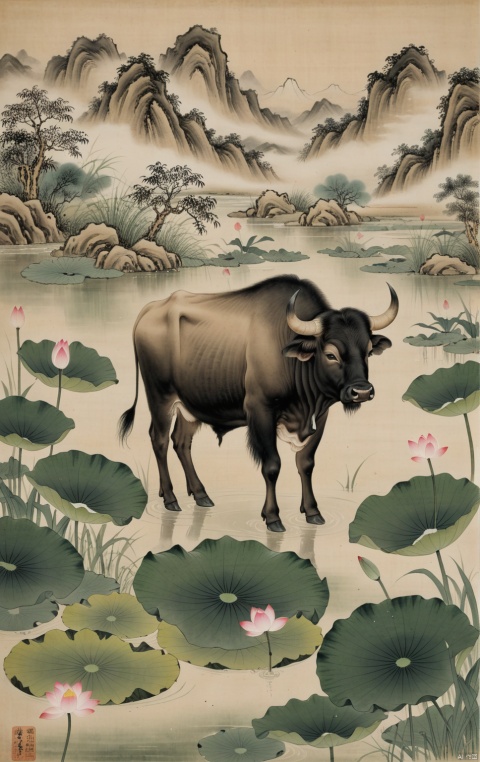 ((masterpiece)),((best quality)),8k,high detailed,ultra-detailed,
Presented in the style of Chinese ink painting, ((An ancient cowherd baby)), dressed in simple clothes, Walking by the lotus pond with a buffalo, The lotus leaves hang low, the breeze blows, the lotus flowers are dotted, The green mountains are vista, the clouds and mist are shrouded, quiet and peaceful, The buffalo leisurely gnaws on the blades of grass, The cowherd baby's eyes are gentle, and it is one with nature, Everything in the picture seems to be frozen in the long river of time, conveying the yearning and good wishes for ancient rural life