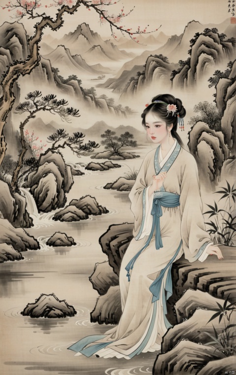 ((masterpiece)),((best quality)),8k,high detailed,ultra-detailed,
In the style of traditional Chinese ink wash painting,
A beautiful woman in ancient attire stands gracefully,
Surrounded by a breathtaking landscape of mountains and rivers,
Her delicate features highlighted by the subtle brush strokes,
Mountains looming tall in the background, shrouded in mist,
A tranquil river winding its way through the scene,
Trees and foliage rendered with elegant simplicity,
The beauty of nature and femininity harmoniously depicted,
A timeless representation of classical Chinese art,
Elegance and serenity captured in monochrome,