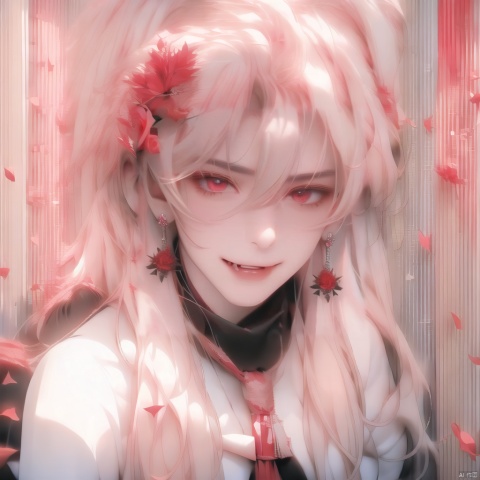 1boy, blood, camellia, earrings, flower, hair between eyes, jewelry, long hair, male focus, red flower, red rose, rose, rose petals, solo, spider lily, spot color, upper body, red eyes, thorns, tongue, tongue out, upper body, platinum blonde hair, (fangs:1.1), seductive expression, (smile with tongue:1.2), 