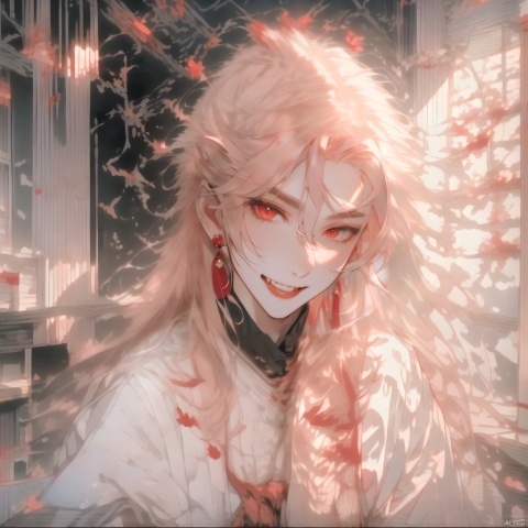 1boy, blood, camellia, earrings, flower, hair between eyes, jewelry, long hair, male focus, red flower, red rose, rose, rose petals, solo, spider lily, spot color, upper body, red eyes, thorns, tongue, tongue out, upper body, platinum blonde hair, (fangs:1.1), seductive expression, (smile with tongue:1.2), 