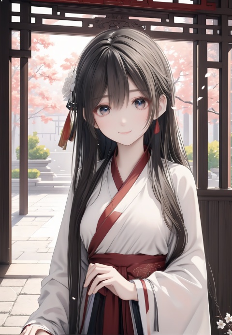 8k picture quality, extreme picture, courtyard, a girl, light color Chinese style Hanfu, medium big chest, long hair with bangs, delicate face, lovely appearance, medium height, big eyes staring ahead, pure desire, mouth slightly open, smile,